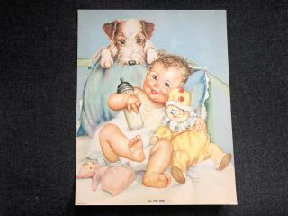 Vintage Calendar Art Litho Print Charlotte Becker All For One Baby Doll Dog 78