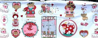 Vtg Sue Dreamer Valentine Applique Hogs & Kisses Fabric Panel Quilt Sew 18x44”
