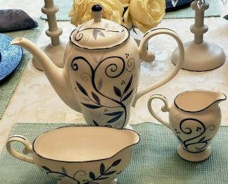Noritake Blue Sunrise White Tall Teapot W/ Creamer Gravy Bowl - Susan Sargent