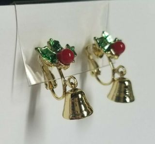 Vintage Gold Tone Christmas Holly Berry/bells Clip On Earrings Old Stock