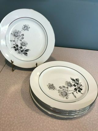 6 Nocturne By Yamaka Japan 10.  25 " Dinner Plate Gray/pink Roses,  Platinum Trim