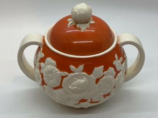 Vintage Moriyama Mori - Machi Chocolate Sugar Bowl Orange White Floral Japan