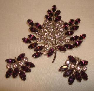 Vntg B David Amethyst Purple Aurora Borealis Rhinestone Leaf Brooch Pin Earrings