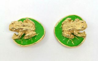 Vintage Signed David Hill Golden Frog On Lily Pad Clip Earrings - Rare
