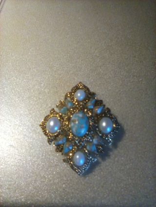 Vintage 1968 Sarah Coventry " Remembrance " Faux Turquoise & Pearl Brooch/pendant