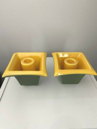 Red Wing Art Pottery Candle Holders Pair Green Yellow 1386