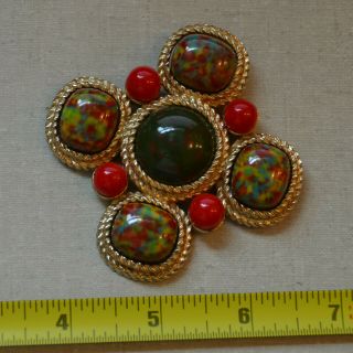 Large Vintage Signed Sarah Coventry Gold Red Green Cabochon Brooch Pin Jewelry