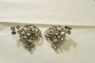 Vintage Signed Weiss Silver Tone & Rhinestone Clip Earrings