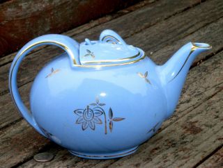 Hall Pottery Tea Pot 6 Cup Cadet Blue Glaze Hook Lid Teapot 0749 U.  S.  A.  Gold