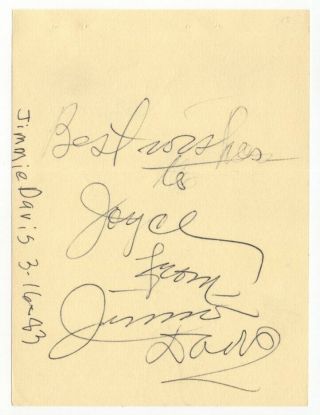 Jimmie Davis - Country Music Hall Of Fame - Clipped Autograph