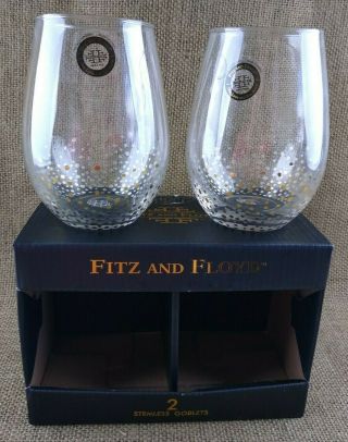 Set Of 2 Fitz And Floyd Gold Luster Stemless Wine Glasses Barware