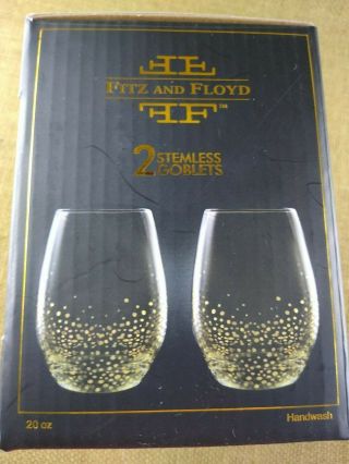 Set of 2 Fitz and Floyd Gold Luster Stemless Wine Glasses Barware 3