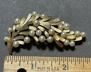 Vintage Trifari Signed Faux Pearl Brushed Goldtone Leaf Pin Brooch