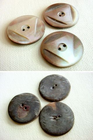 3 LARGE VINTAGE CARVED ABALONE BUTTONS 1 - 1/4 