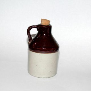 Vintage Miniature Pottery Jug Crock Brown Cream 3 " With Cork
