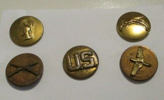 5 Vintage Military Pins With Button Screw On Back Or Pins Brass Circle With