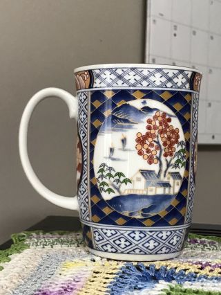 1 Vtg Otagiri Japan Porcelain Coffee Mug Cup Gold Trim Blue Village Lotus Flower