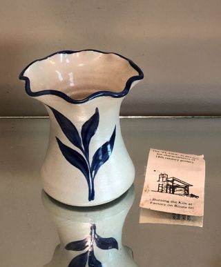 Vintage Williamsburg Pottery 4 " Vase Salt Glazed With Cobalt Leaves & Card