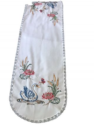 Vintage Hand Embroidered Table/dresser Scarf/runner 38”x12” Swans & Lily Pads