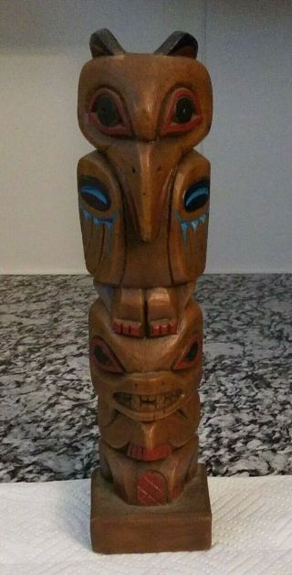 Vintage Northwest Coast Alaska Totem Pole Carved Wood Hand Painted Signed Raven