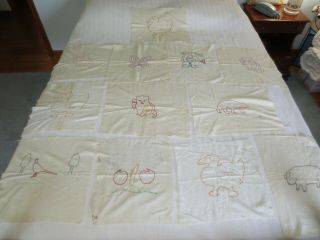 12 Vintage Primitive Embroidered Quilt Top Blocks On Cotton Muslin