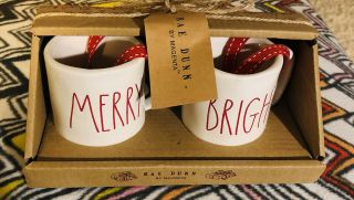 Rae Dunn By Magenta Merry & Bright Red Ll Christmas Mini Mugs Set Of 2 Ornaments