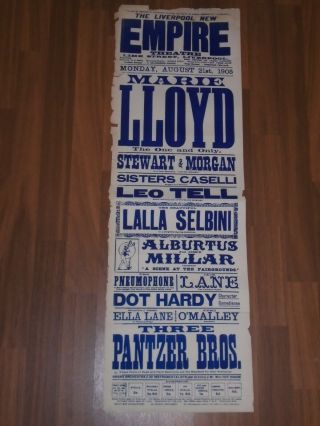 1905 Liverpool Empire Theatre Poster Marie Lloyd Top Of Variety Bill