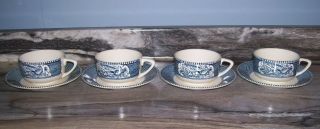Set Of 4 Vintage Royal China Currier And Ives Cups And Saucers.