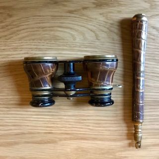 French Crocodile Leather Bound Opera Glasses With Removable Handle & Velvet Case