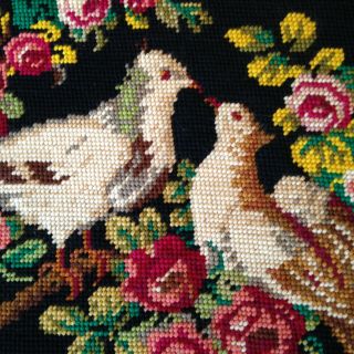 Vintage Love Birds And Flowers Finished Needlepoint For Framing Or Pillow Cover