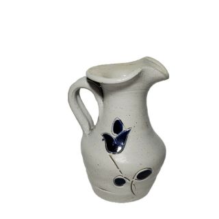 Vintage Williamsburg Va Pottery Small Pitcher Vase Blue Flower 3.  5 " Miniature