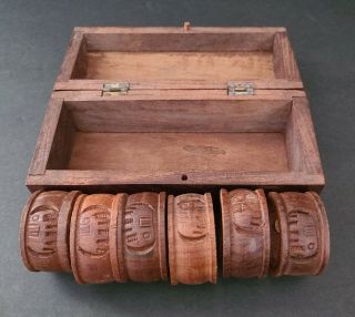 Vintage Set Of 6 Napkin Rings Teak Wood Round Mid Century Modern In Wooden Case