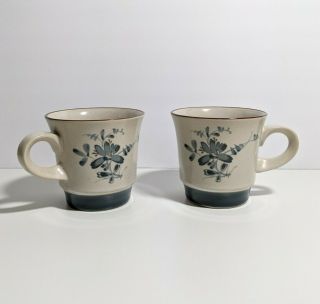 Noritake Stoneware Mugs Set Of 2 Pleasure 8344 Blue Flowers Brown Made In Japan