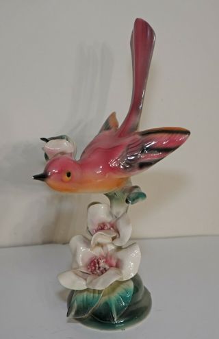 Mid - Century Maddux California Pottery Pink Bird Flowers 10 " Vintage Figurine