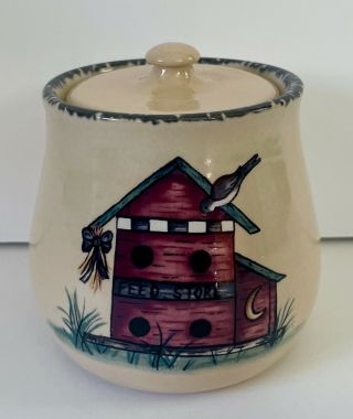 Home And Garden Party Pottery Pot Sugar Bowl W Lid Birdhouse 2003 Made In Usa 4 "