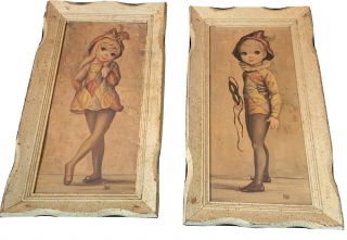 Vtg Pair Big Eye Harlequin Boy Girl Maio 1960s Prints Framed Wall Art Mcm