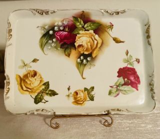 Prov Saxe Es Germany Red&yellow Roses/lillies Of The Valley Vanity Tray/platte.