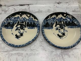 Set 2 Tienshan Folk Craft Wolf Spongeware Blue Salad Plates 7 3/4”