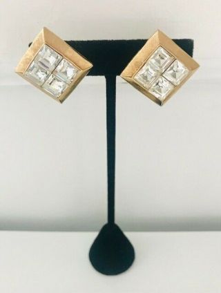 Vintage Modernist Large Square Gold Tone Crystals Clip Earrings
