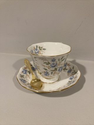 Vtg Royal Albert Tea Cup And Saucer Blue Floral Rose Chintz England Gold Trim
