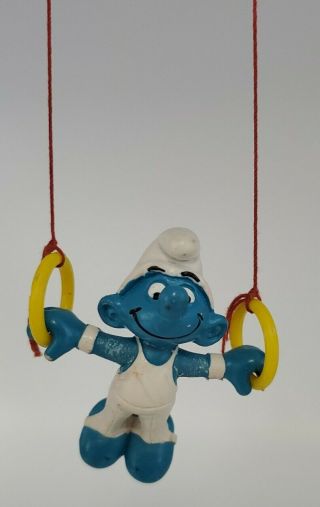Vintage Gymnast Smurf With Gymnastic Rings Peyo Schleich 1980 Hong Kong Rare
