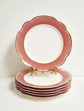 (1) Graces Teaware Josephine Red - White - Gold Striped Scalloped Dinner Plate 11.  25 "