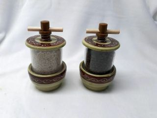 Vintage Rare Ceramic Green & Brown Salt & Pepper Grinder Set Shakers Mills
