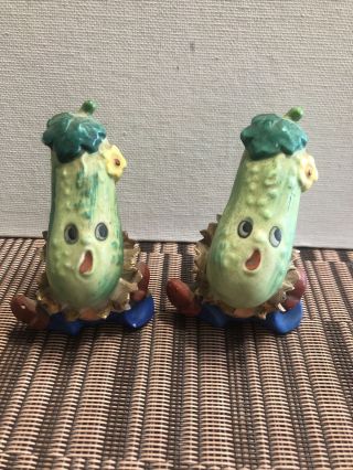 Vintage Anthropomorphic Cucumber Head People Salt Pepper Shaker Set Japan Inv269