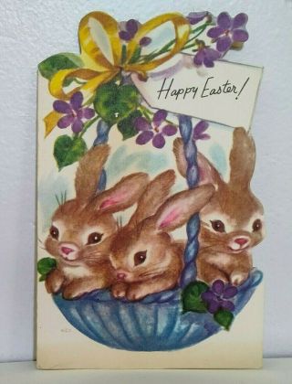 Vintage Easter Greeting Card Bunnies Family Basket Box M.  Cooper? Rust Craft 50s