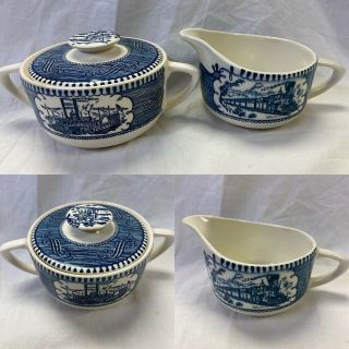 Currier And Ives Blue Set By Royal China Creamer And Sugar Bowl W/lid