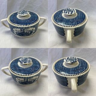 Currier and Ives Blue Set by Royal China Creamer and Sugar Bowl w/Lid 3