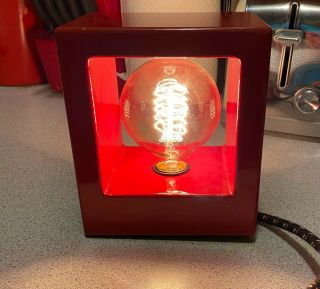 Small Square Table Lamp,  Bright Red With Vintage Bulb