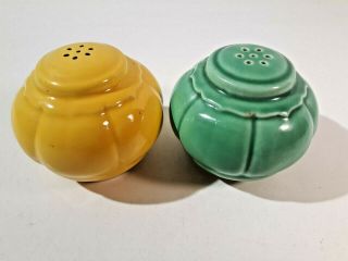 Homer Laughlin Riviera Pottery Salt And Pepper Green And Yellow Glaze