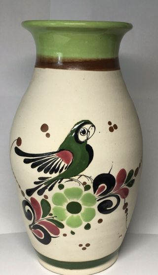 8” Tonala Vintage Vicman Ii Mexican Pottery Vase Bird Parrot Folk Art Green Pink